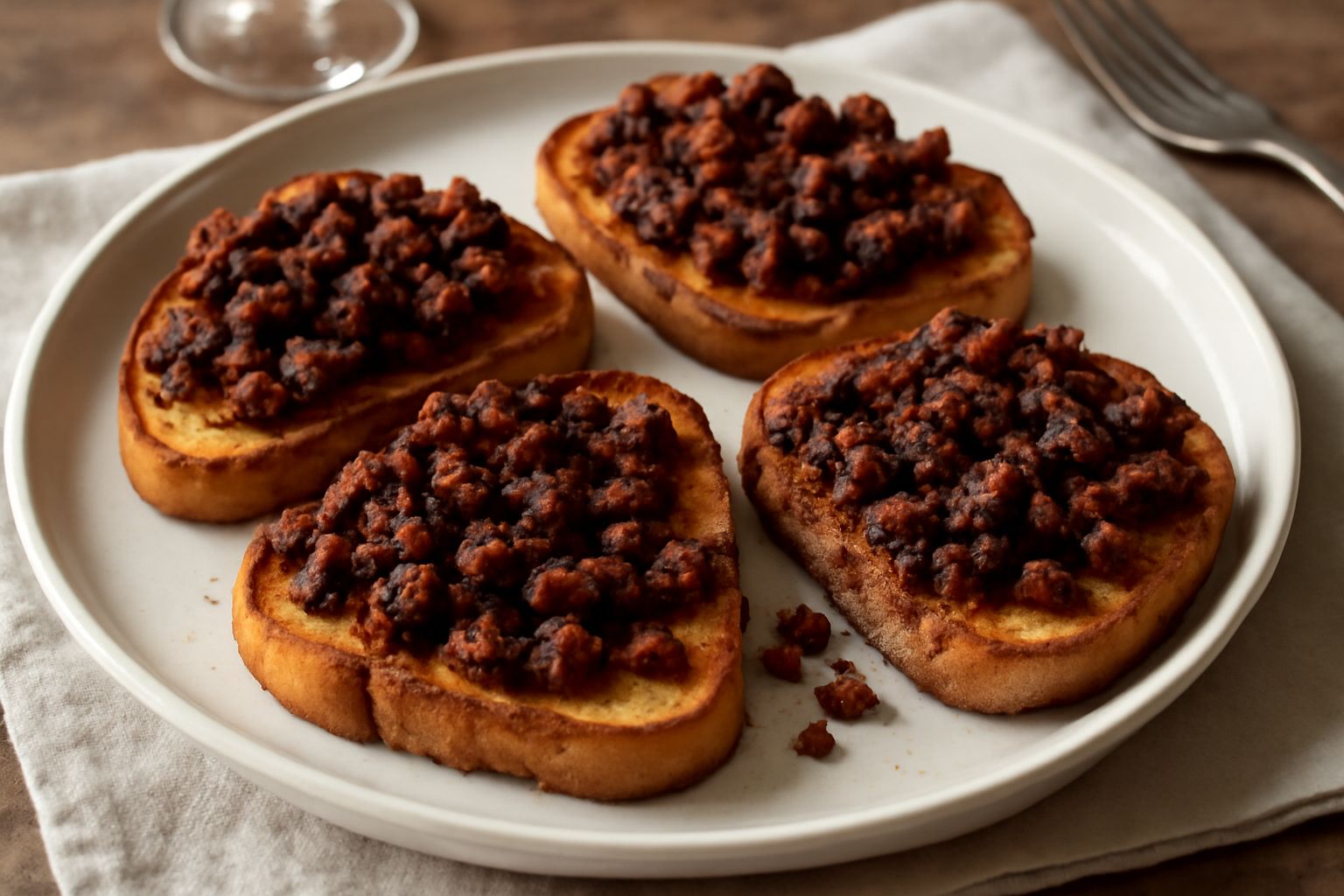Crostini dorati disposti su un piatto bianco, ricoperti di ciccioli marroni croccanti, cosparsi di pepe nero, con uno spicchio d'aglio accanto e un canovaccio di lino sullo sfondo