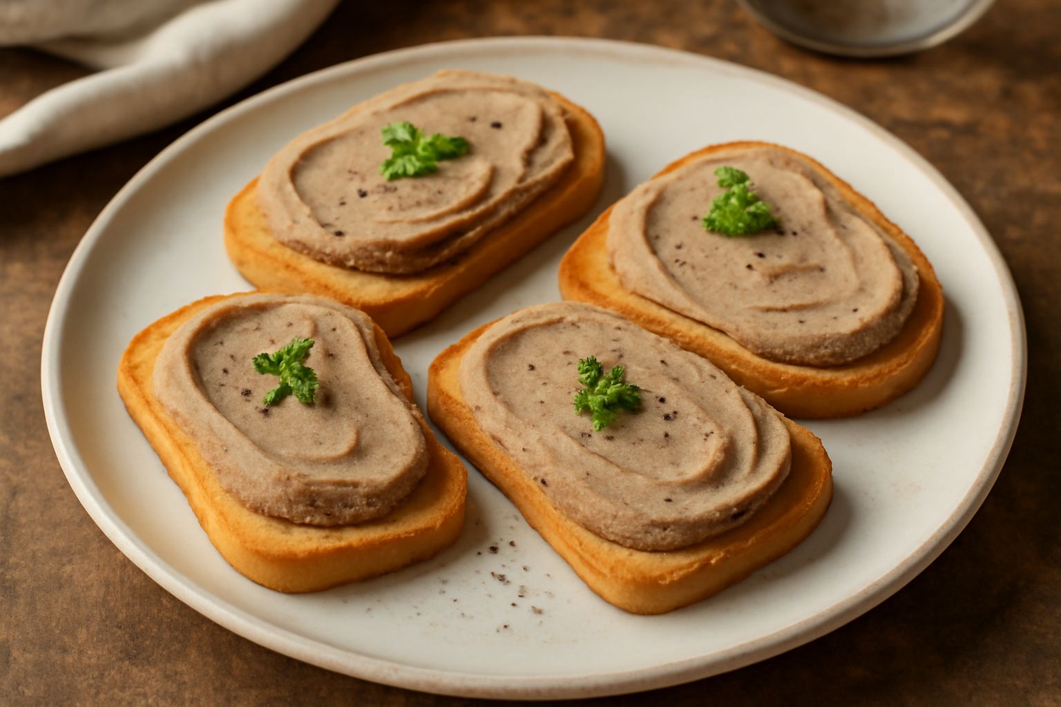 Tre crostini allineati su un piatto bianco, ricoperti di paté di fegato marrone chiaro cremoso, guarniti con rametti di rosmarino fresco verde e granelli di pepe nero, pane tostato leggermente dorato 