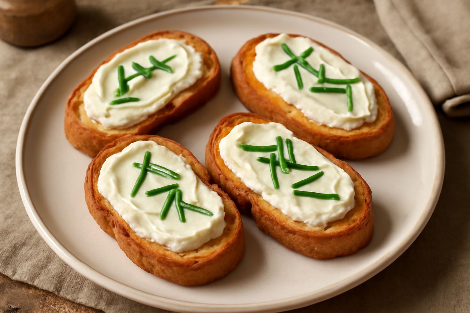 Crostini appoggiati su un piatto bianco, pane tostato color oro con una spalmabile bianca e cremosa di formaggio, piccoli fili d'erba cipollina verde scuro sopra, un filo di olio lucido in evidenza
