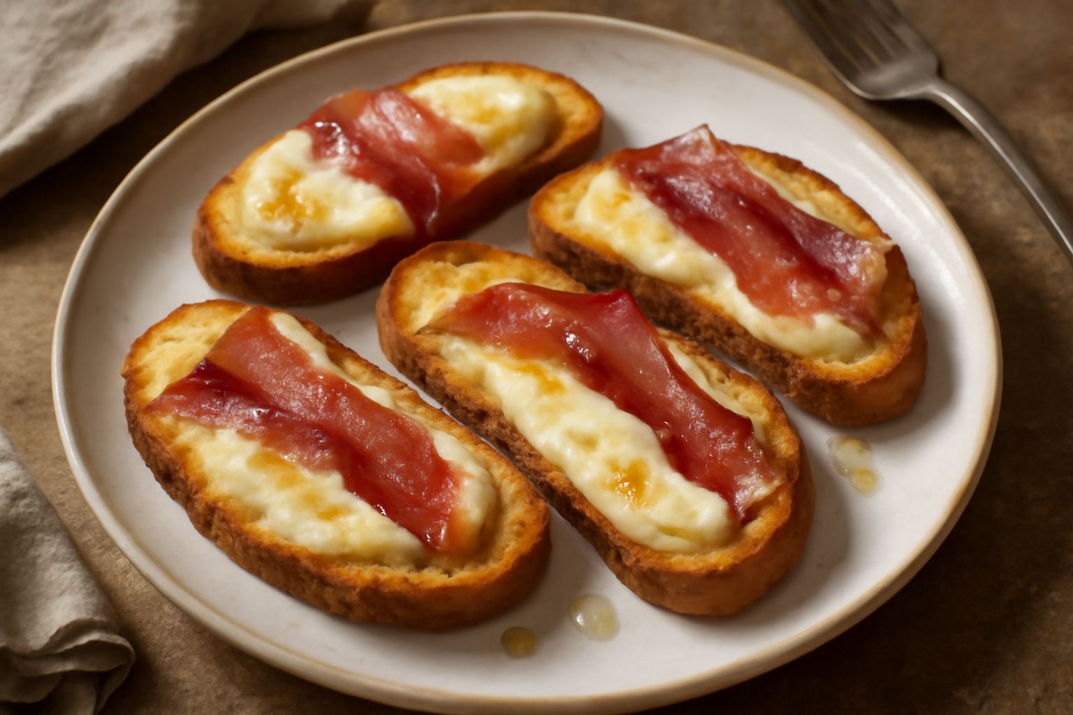 Crostini dorati dispositi su piatto bianco, ricoperti di speck rosso scuro e formaggio giallastro filante, con gocce d'olio e pepe nero visibile in superficie