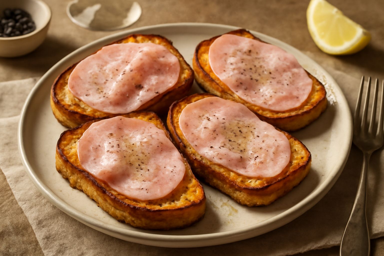 Crostini con pane tostato color dorato, ricoperti di ventricina rosa chiaro e striature bianche di pepe, su piatto bianco con decorazione di pepe nero macinato fresco