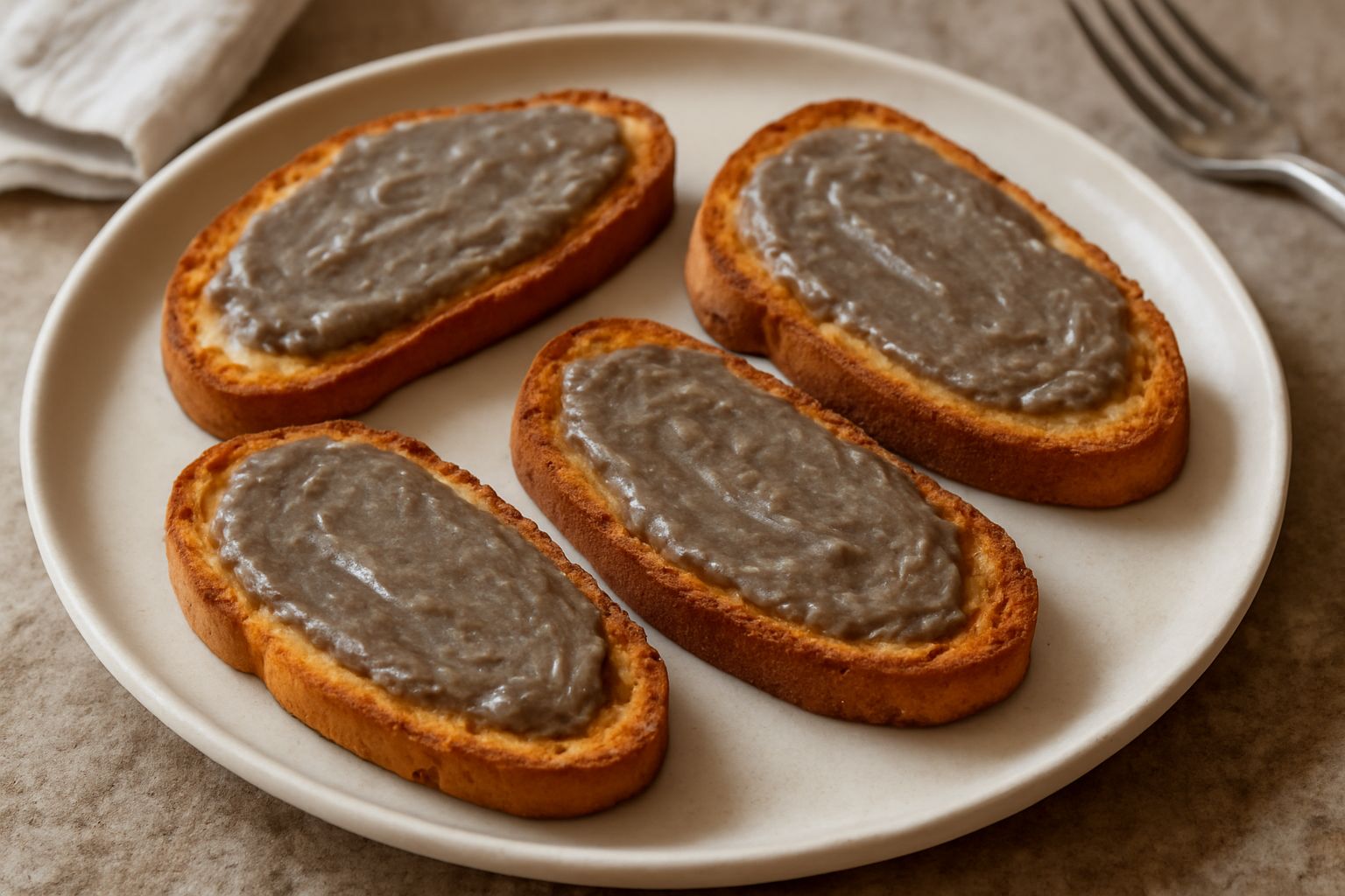 Fette di pane tostato croccante e dorato coperte di pasta d'acciuga grigio-marrone brillante, guarnite con un filo d'olio extravergine, in un piatto bianco.