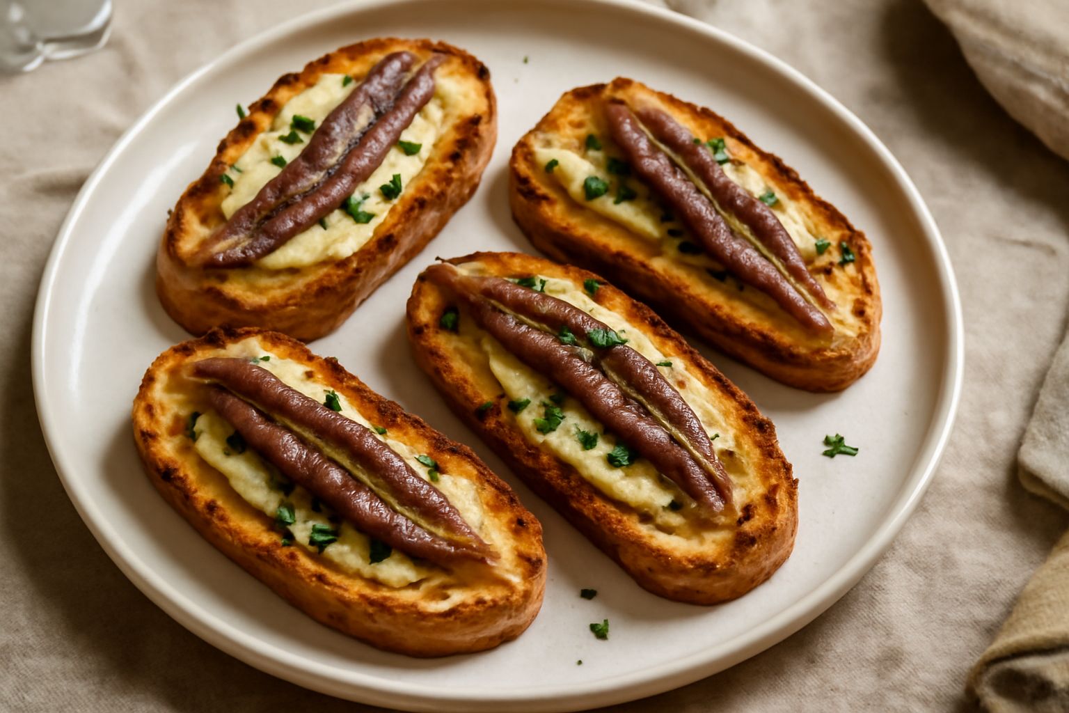 Crostini dorati su piatto bianco con alici filettate, gocce di olio d'oliva e prezzemolo fresco, sfondo di lino grigio