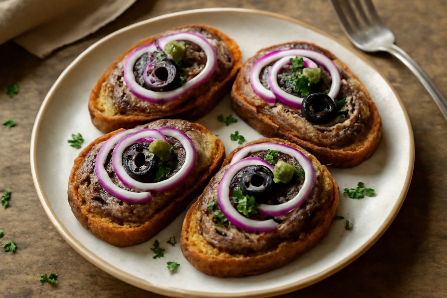 Tre crostini di braunschweiger su un piattino bianco, con fettine di pane tostato color nocciola coperte di pasta di fegato marrone scuro, una cipolla rossa sottile sopra e una foglia di prezzemolo fr