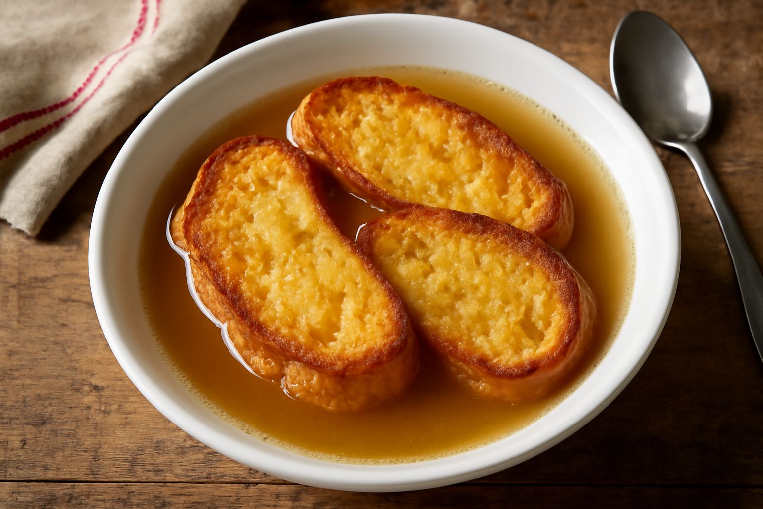 Piatto bianco con crostini di pane dorato e croccante immersi in brodo trasparente e fumante, guarniti con prezzemolo fresco verde e un filo di olio d'oliva, serviti con un cucchiaio di legno a lato