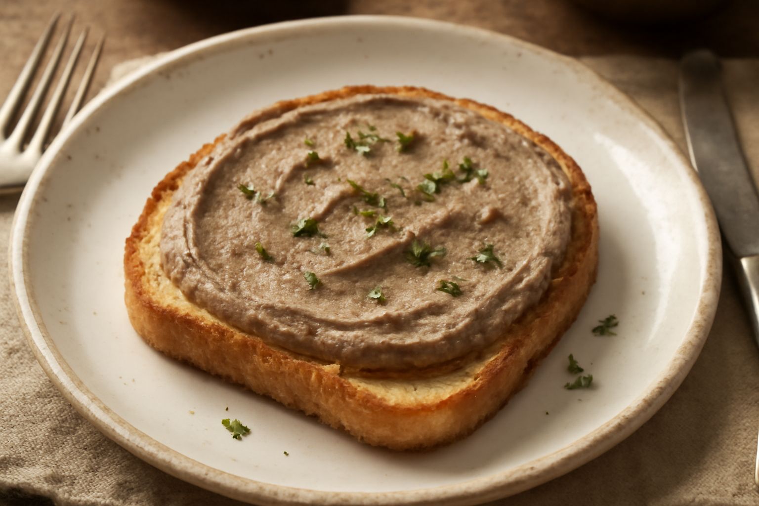 Sei crostini di pane tostato color oro su piatto bianco, ognuno ricoperto da uno strato di patè marrone chiaro, decorati con una sottile fetta di pistacchio e rametto di timo fresco