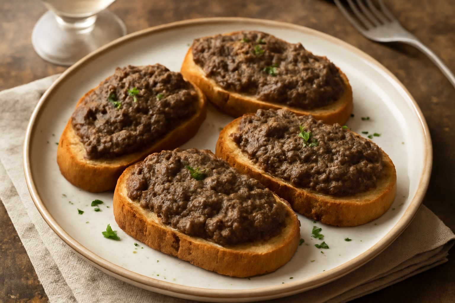 Tre crostini di pane tostato ricoperti di crema di fegato beige chiaro, decorati con un rametto di prezzemolo fresco e gocce di olio dorato su piatto bianco