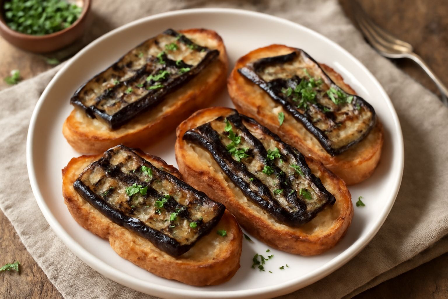 Sei crostini disposti su un piatto bianco, con fette di melanzane grigliate viola scuro sovrapposte al pane dorato, rifiniti con prezzemolo fresco verde e un filo di olio che luccica