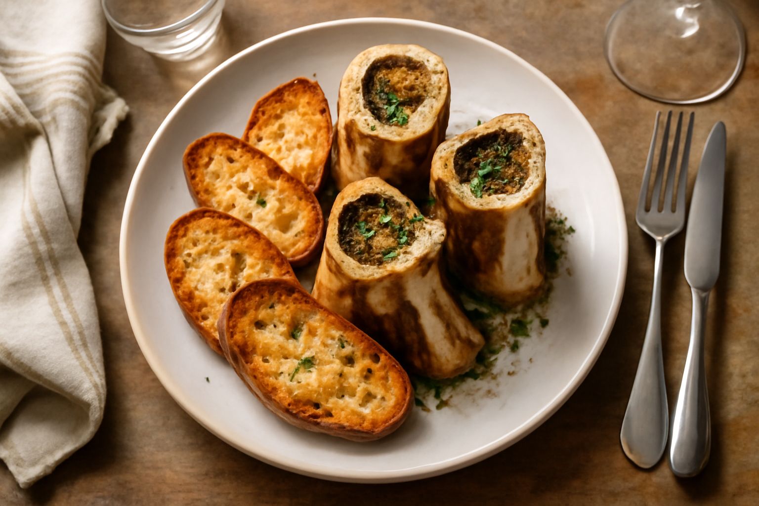Tre crostini di pane tostato color oro ricoperti di midollo bianco cremoso, disposti su un piatto bianco, guariti di una spolverata di sale marino grosso e pepe nero macinato fresco