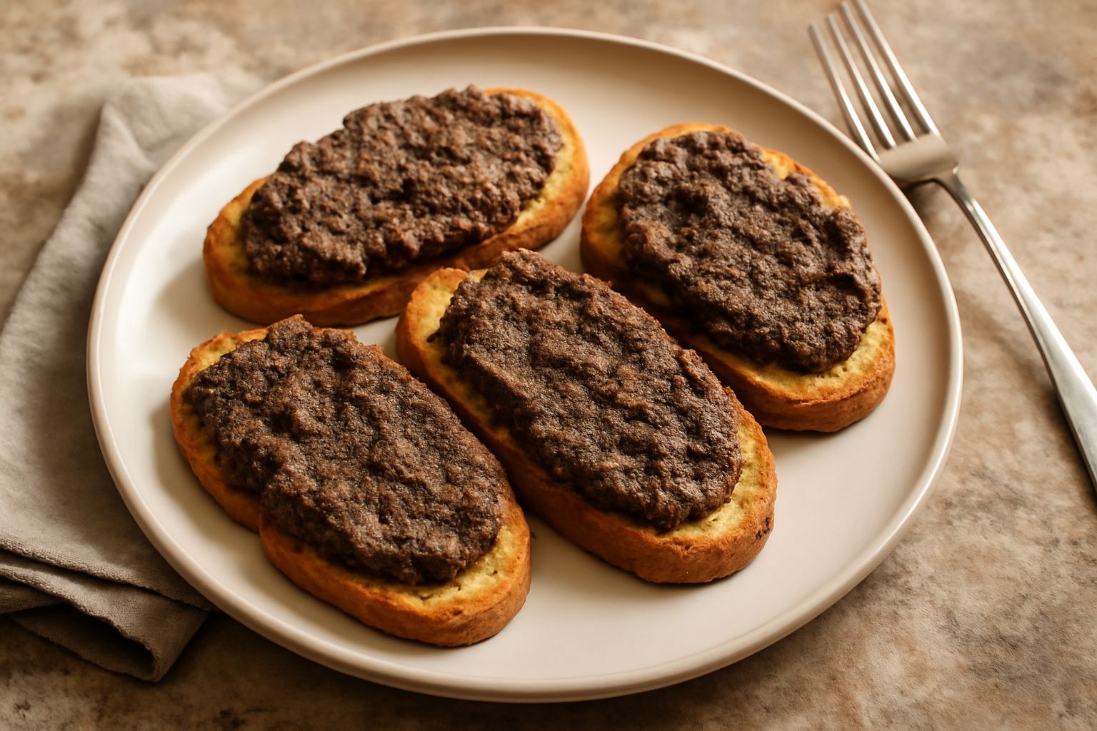 Crostini di pane tostato con crema di milza marrone scuro e speziata, su un piatto bianco con contorno di prezzemolo fresco