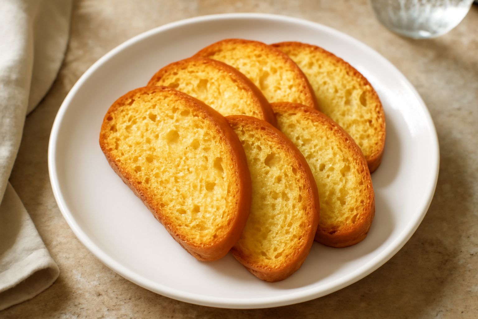 Crostini di pane dorati disposti su un tagliere di legno naturale, rettangolari e croccanti, con sfumature ambrate e spigoli tostati, accanto a una ciotola di olio d'oliva