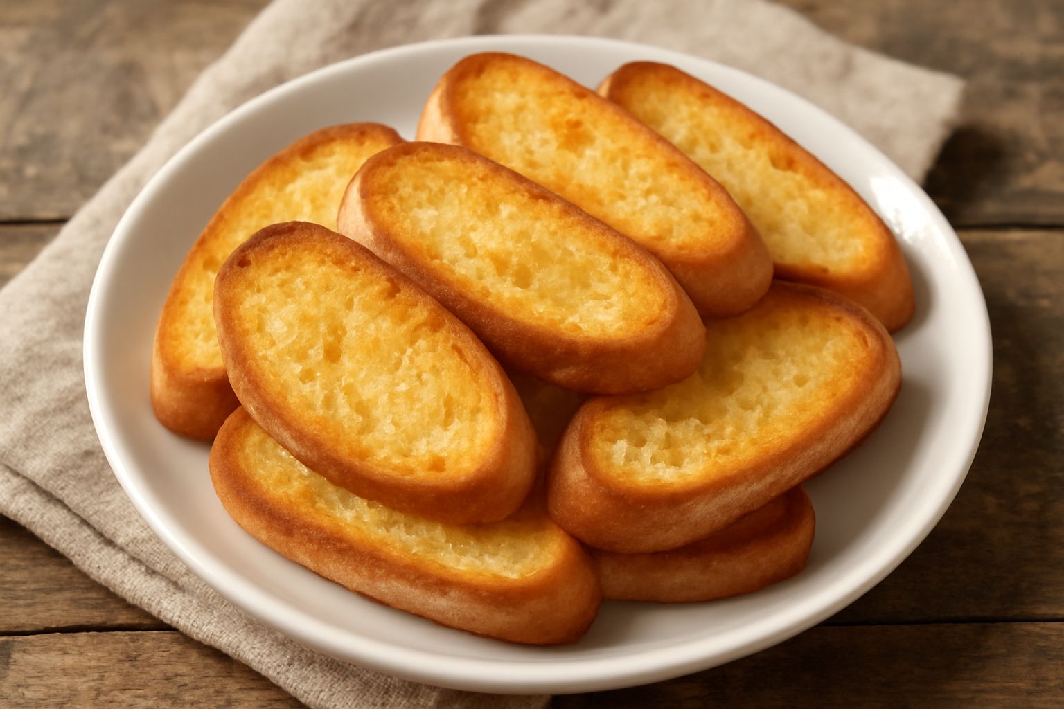 Crostini di pane dorati e croccanti disposti a raggiera su un piatto bianco, superficie superiore leggermente scura e brillante dall'olio d'oliva