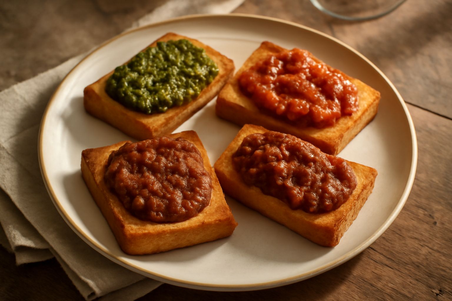 Crostini tostati color oro disposti su un piatto bianco, ricoperti di sugo di carne marrone scuro e ragù, guarniti con prezzemolo fresco verde, con briciole croccanti ai bordi e sughi leggermente luci