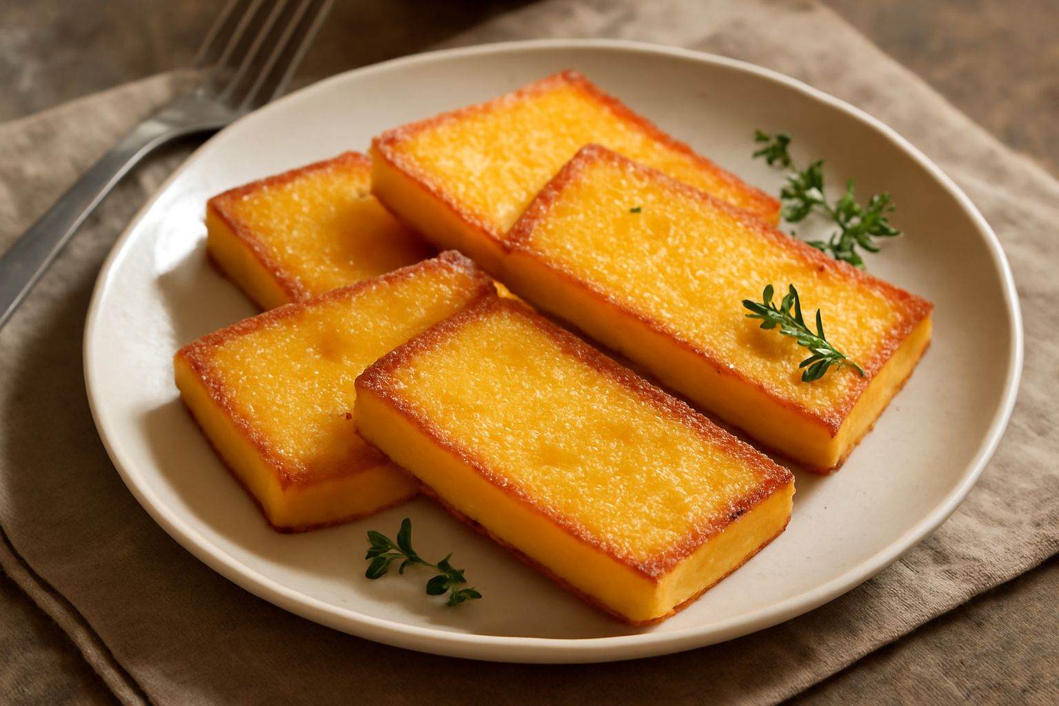 Crostini di polenta color giallo-oro impilati su un piatto bianco, superficie croccante e lucida, contorni leggermente caramellati, vapore caldo visibile, accompagnati da erbe aromatiche fresche sul b