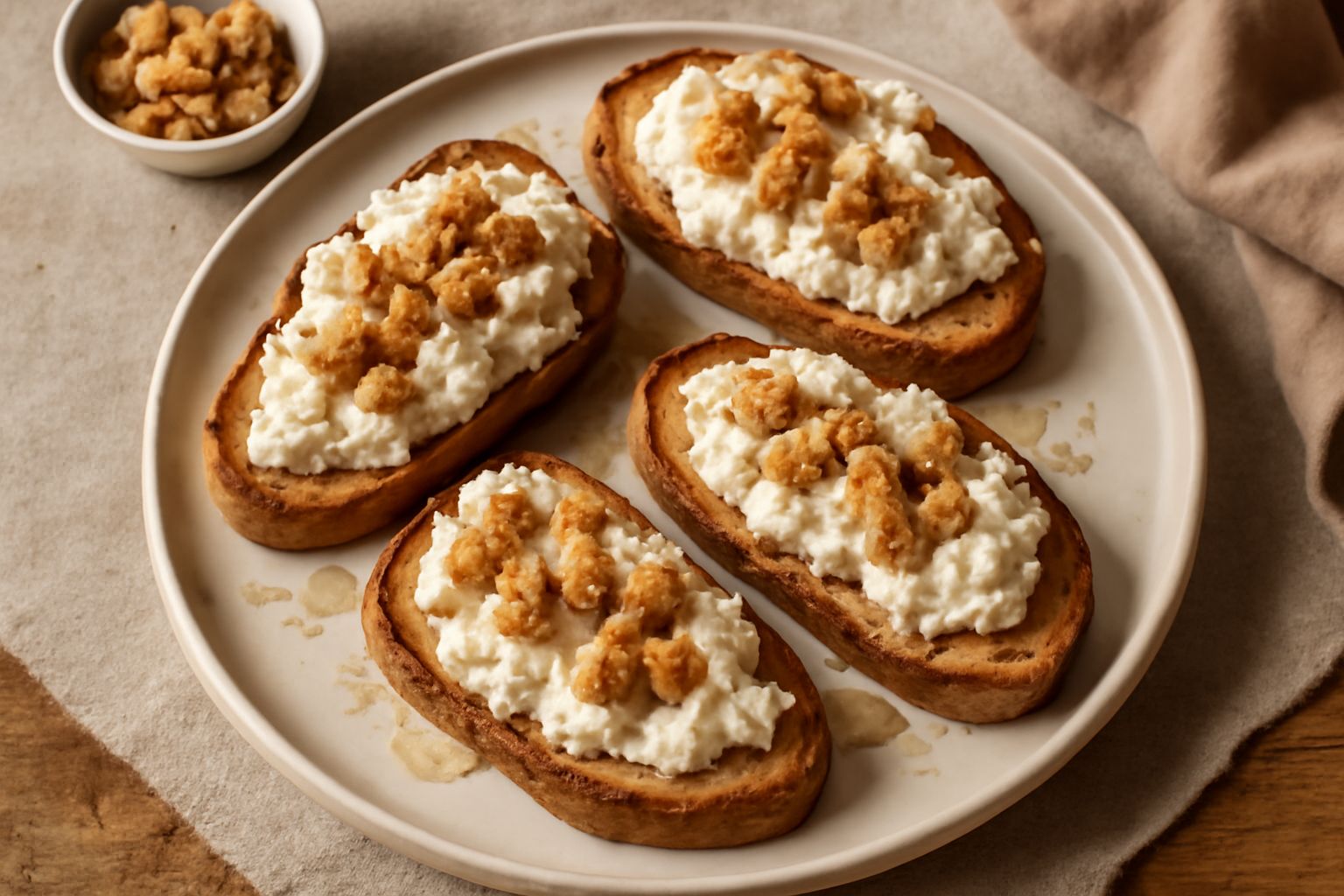 Crostini dorati con ricotta bianca cremosa, granelli di noci tostate e un filo di miele, disposti su una tavola di legno scuro con un bicchiere di vino bianco