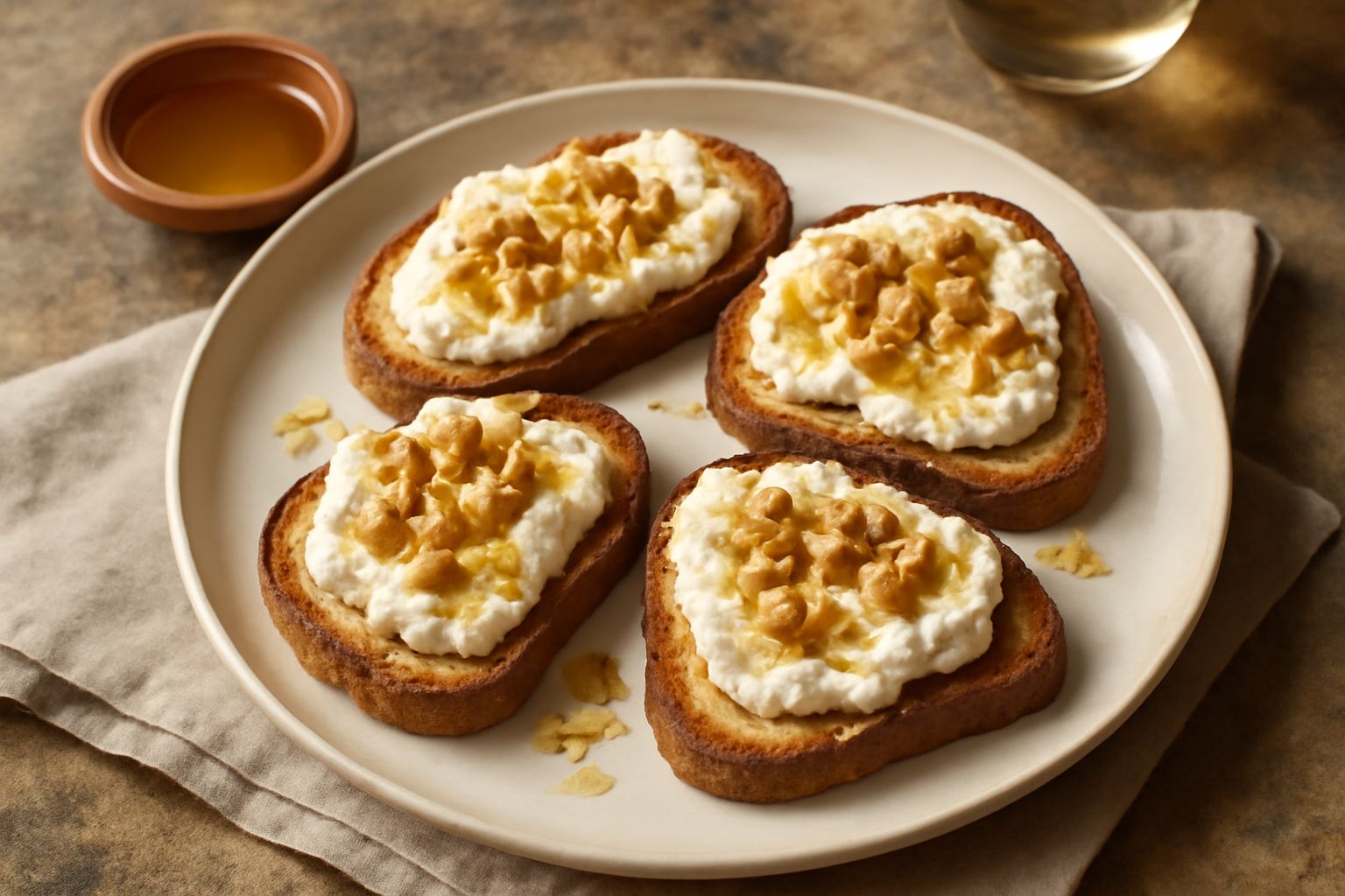 Crostini di ricotta su un piatto bianco, pane tostato leggermente dorato coperto di ricotta bianca cremosa, decorati con un filo d'olio e erbe aromatiche fresche