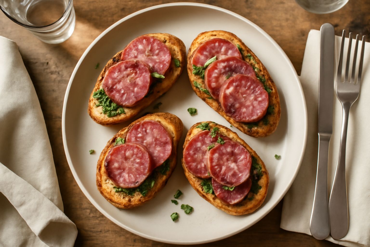 Crostini di salame disposti su un piatto bianco, con fette di salame rosa brillante su pane tostato dorato e croccante, alcuni guarniti con maionese bianca e prezzemolo verde