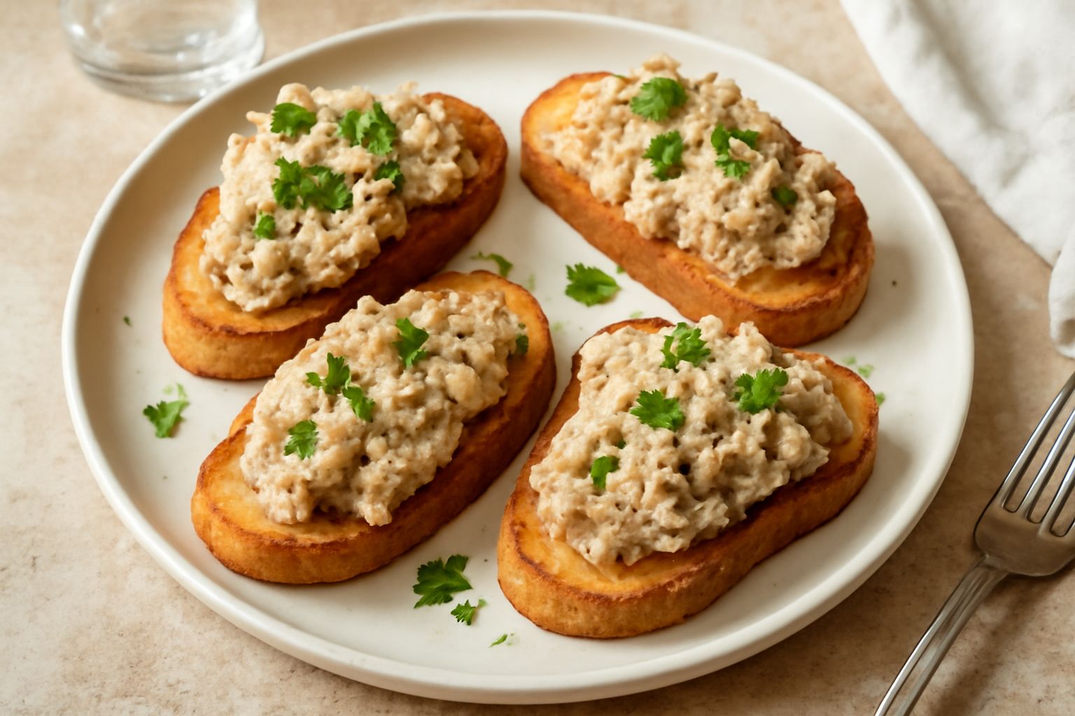 Crostini di tonno disposti su un piatto bianco, con tonno cremoso spalmato sul pane dorato, decorati con un filo di olio d'oliva e una foglia di prezzemolo