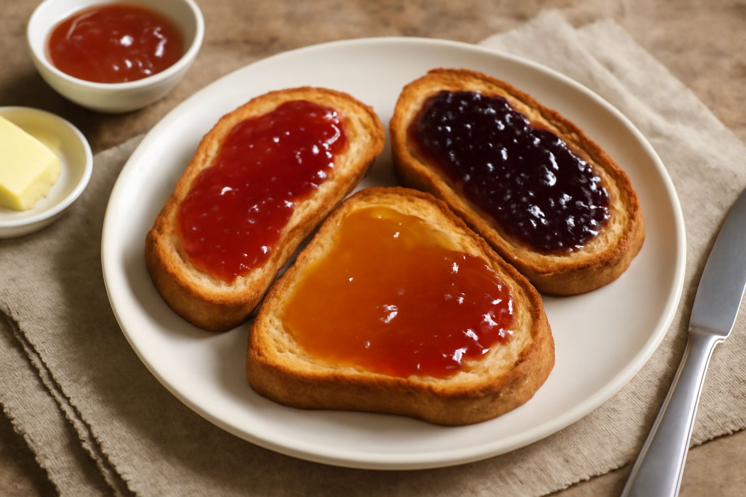 Tre crostini rettangolari su un piatto bianco, pane dorato e croccante con strato di confettura rossa brillante in superficie, guarniti con una fogliolina di menta verde