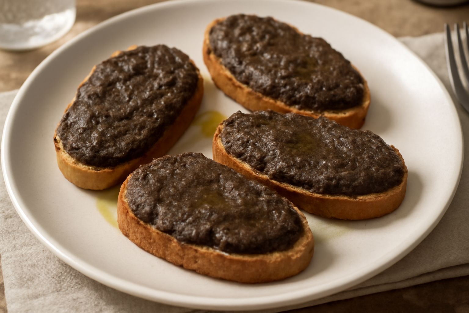 Crostini neri disposti su un piatto bianco: pane tostato dorato coperto da una crema scura di fegato di pollo, decorati con un filo d'olio verde e serviti con un bicchiere di vino rosso