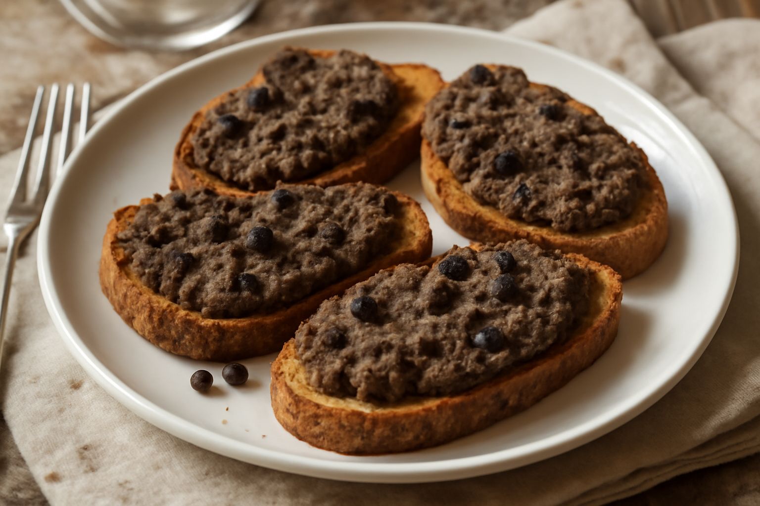 Crostini neri aretini disposti su un piatto bianco, con la caratteristica pasta scura di fegatini, olive e capperi spalmate su fette di pane tostate dorate ai bordi