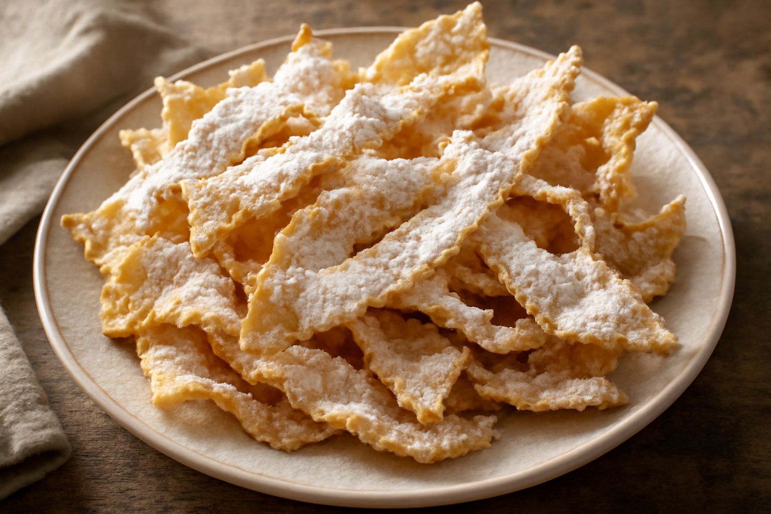 Crostoli dorati a bastoncini sottili e ondulati, impilati in un piatto bianco, ricoperti di zucchero a velo, luce naturale che evidenzia la croccantezza della superficie