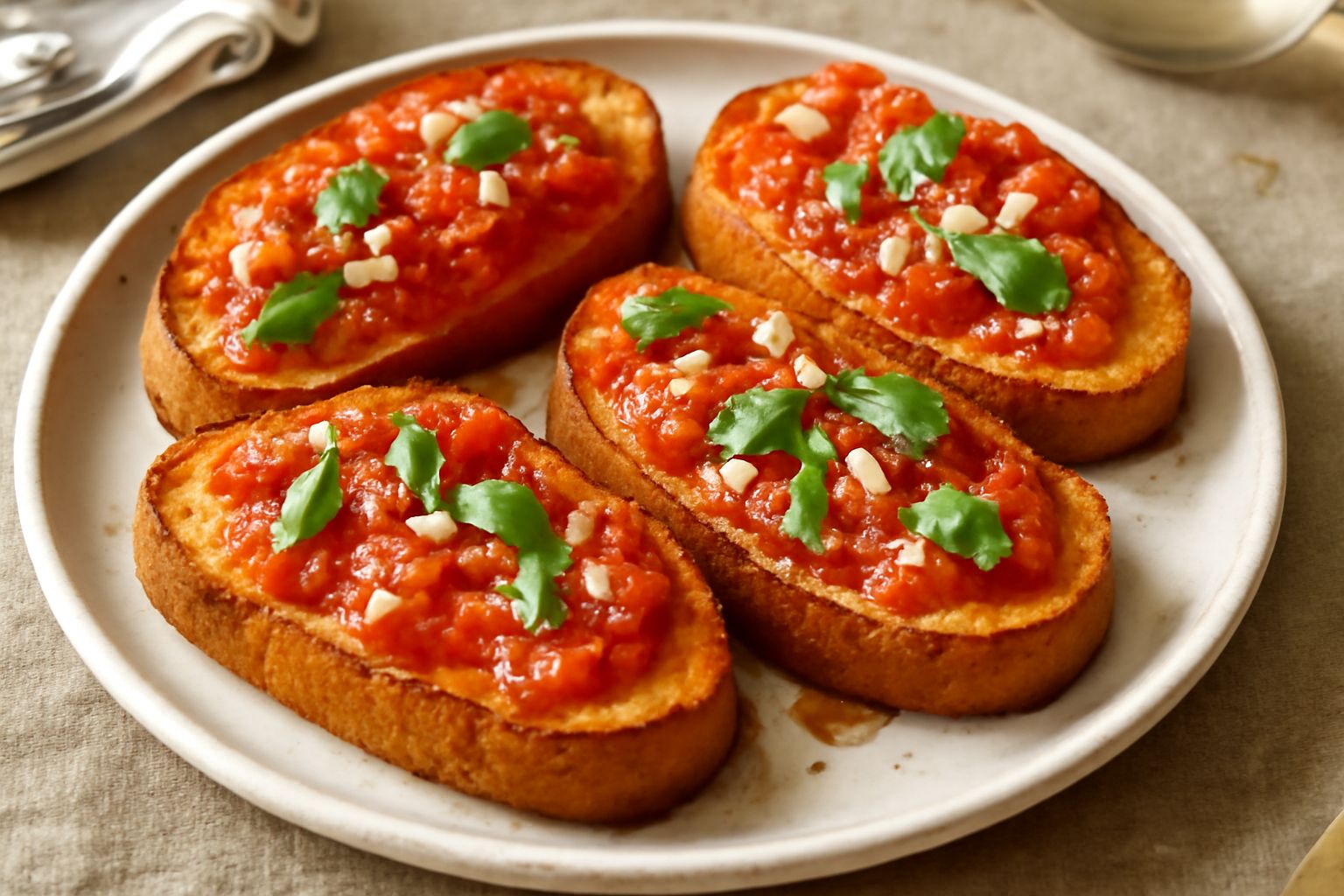 Crostoni di pane tostato dorato disposti su un piatto bianco, ricoperti di pomodoro rosso fresco, aglio minuzzato e basilico verde, con gocce di olio d'oliva lucido
