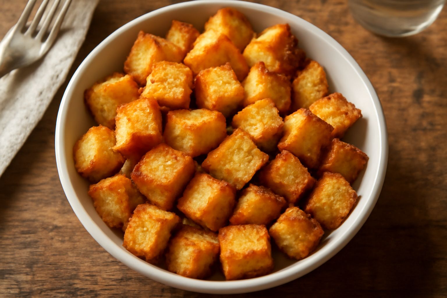 Croutons color oro e marrone scuro in una ciotola bianca, ancora fumanti, con qualche goccia di olio lucente sulla superficie; fondo di legno scuro con pane raffermo tagliato accanto