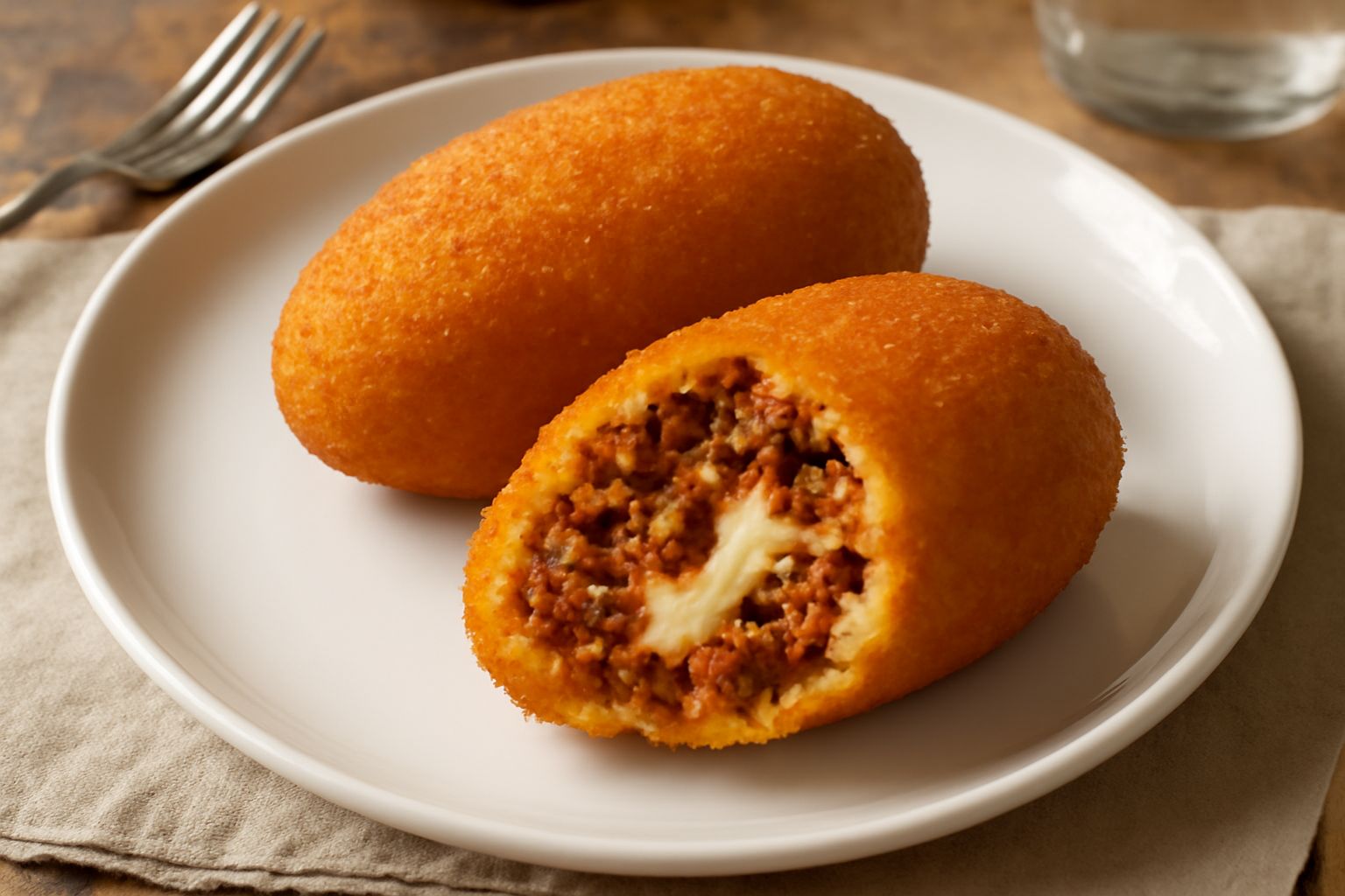 Tre croxette dorate e fragranti, tagliate a metà per mostrare il ripieno di ragù marrone, mozzarella bianca e piselli verdi, su un piatto bianco con limone a spicchi