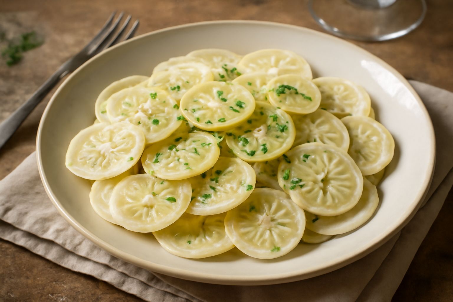 Croxetti decorati disposti nel piatto in bianco porcellana, con timbro stampato visibile sulla superficie, conditi con pesto genovese fresco verde e pinoli, con brodo leggero or burro fuso trasparente
