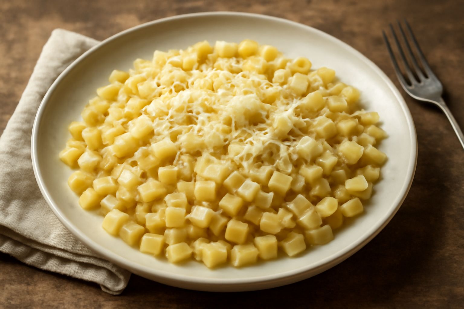 Piatto di crozets color avorio con burro fuso lucido, formaggio grattugiato bianco e pepe nero visibile, serviti in un piatto bianco fondo con una forchetta accanto