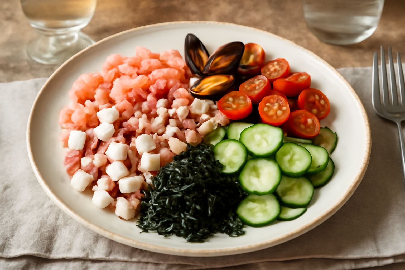Piatto bianco con crudités di mare: gamberetti rosa, polpo bianco a dadini, cozze blu, alghe nere, pomodorini rossi, cetriolo verde a fette sottili, disposti ordinatamente con limone a spicchi