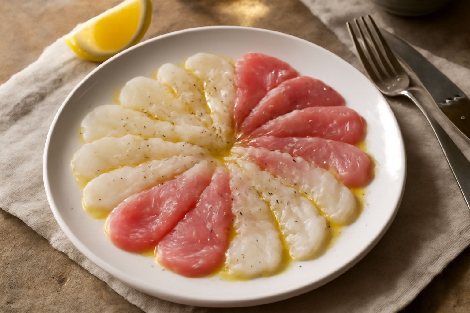 Crudo di pesce bianco a fette sottili su piatto bianco, condito con olio d'oliva, succo di limone fresco e peperoncino rosso, guarnito con sale grosso e prezzemolo
