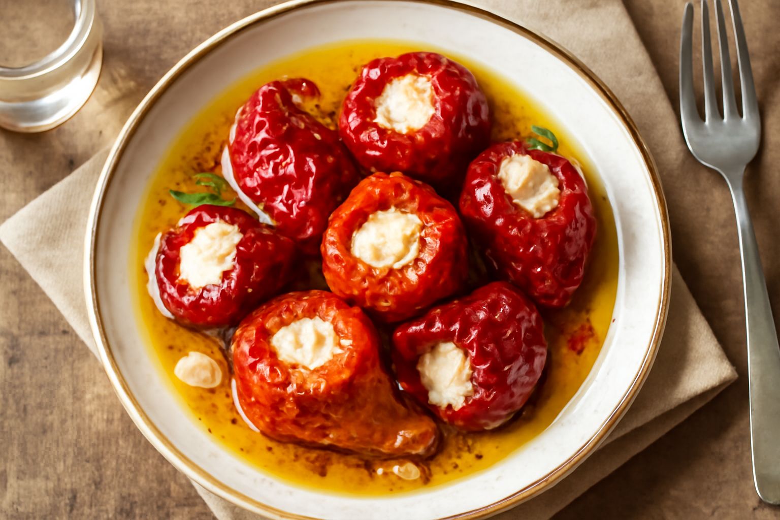 Vasetto di vetro con cruschi rossi e gialli pieni di formaggio bianco, immersi in olio dorato trasparente, con aglio e peperoncino visibili tra i peperoni