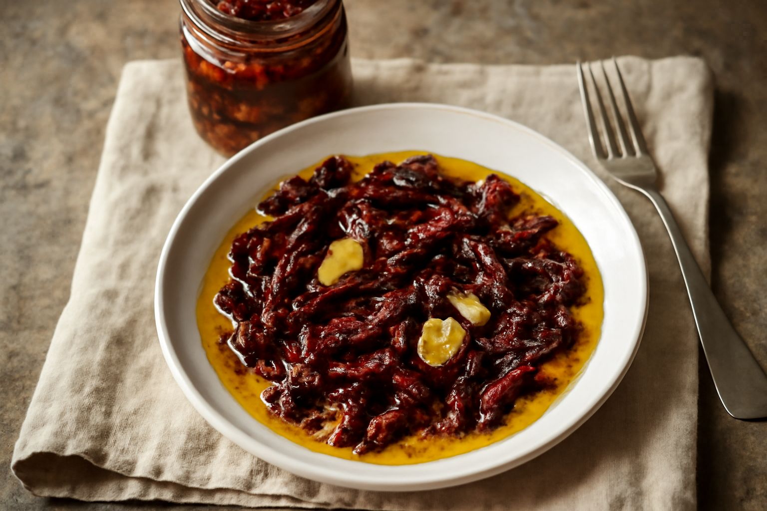 Barattolo di vetro con cruschi rossi e gialli sott'olio, aglio e peperoncino, con etichetta su sfondo bianco