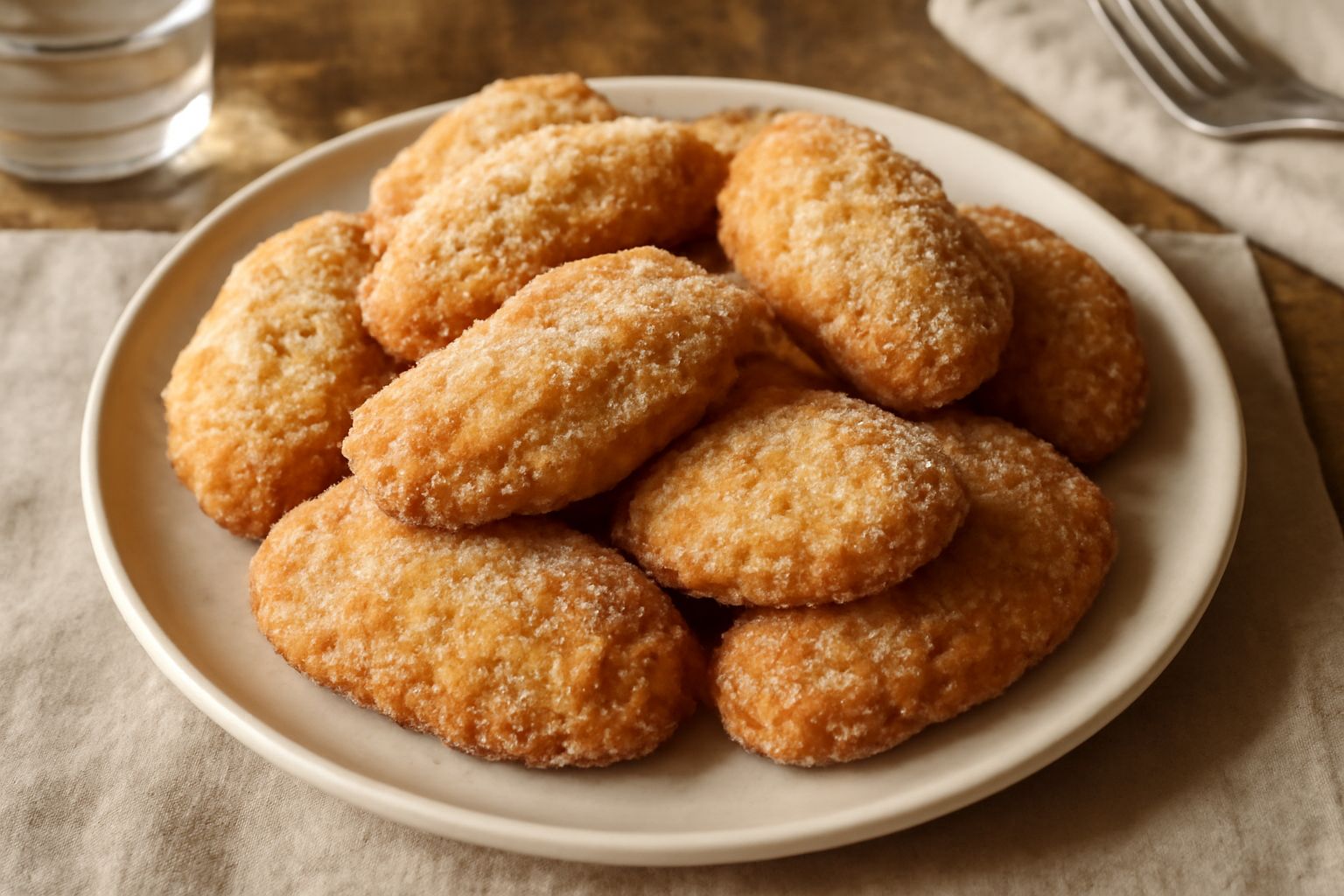 Crustulu dorati e croccanti disposti su un piatto di ceramica bianca, con superficie rugosa e polverosa di zucchero, sfondo in legno scuro