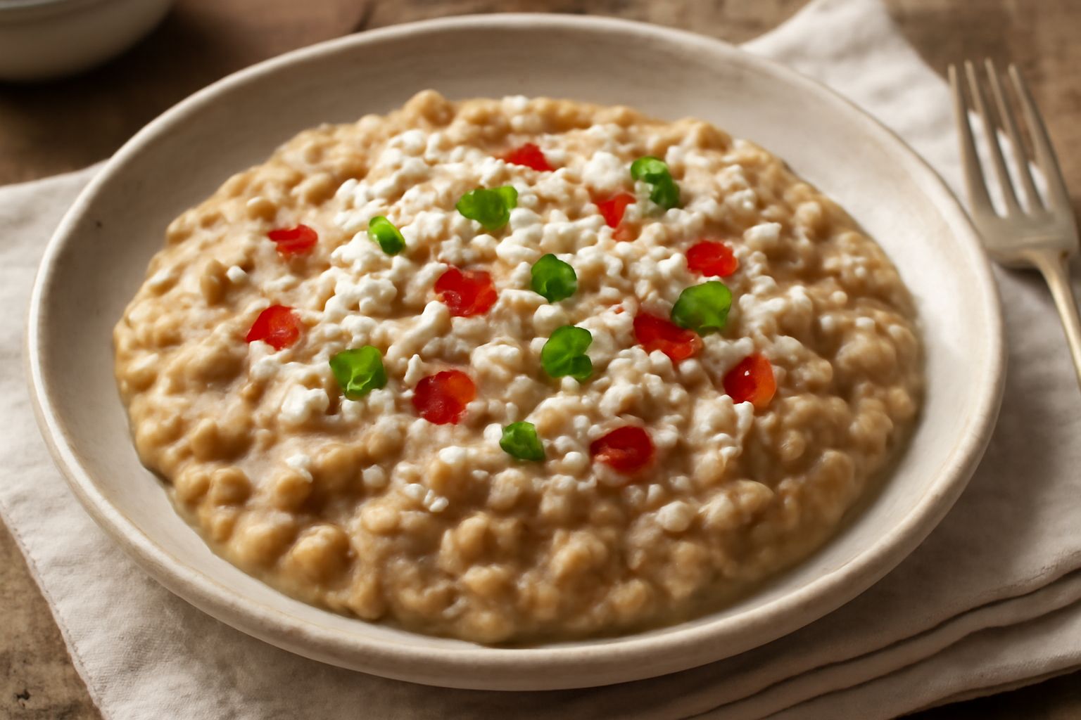 Cuccìa in piatto bianco, crema densa beige con ricotta bianca, grani di grano visibili, canditi colorati in superficie, cucchiaio di legno di lato