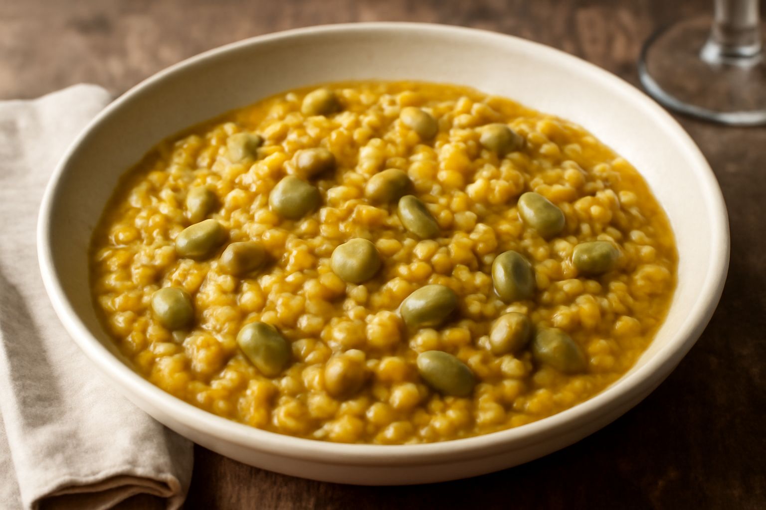 Cuccìa d'ava servita in piatto bianco, miscela densa di grani gialli e fave grigio-verdi, liscia e omogenea, con leggero vapore