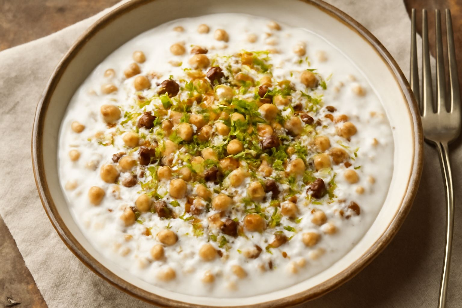 Cuccia della Beata Vergine servita in una ciotola di ceramica bianca, con grani di grano visibili immersi in ricotta bianca cremosa, granella di pistacchio verde brillante e scaglie di frutta candita 