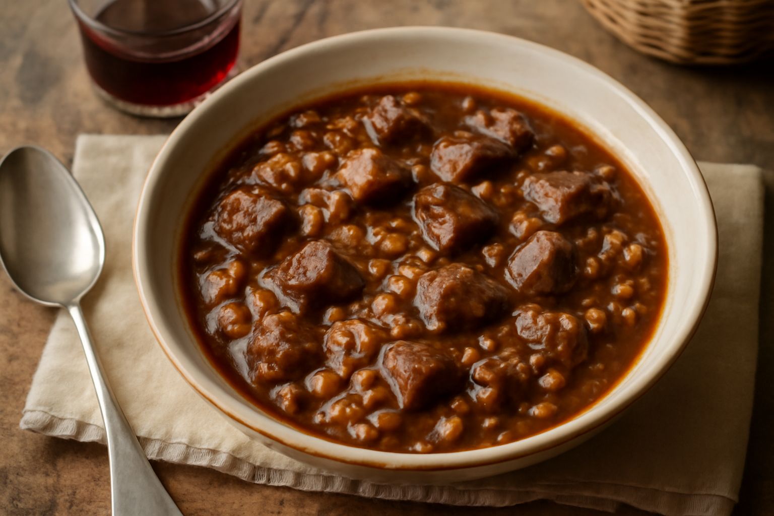 Una ciotola di terracotta con cuccia di carni: grano dorato morbido con piccoli pezzi di carne marrone scuro e sugo ricco, guarnita con prezzemolo verde