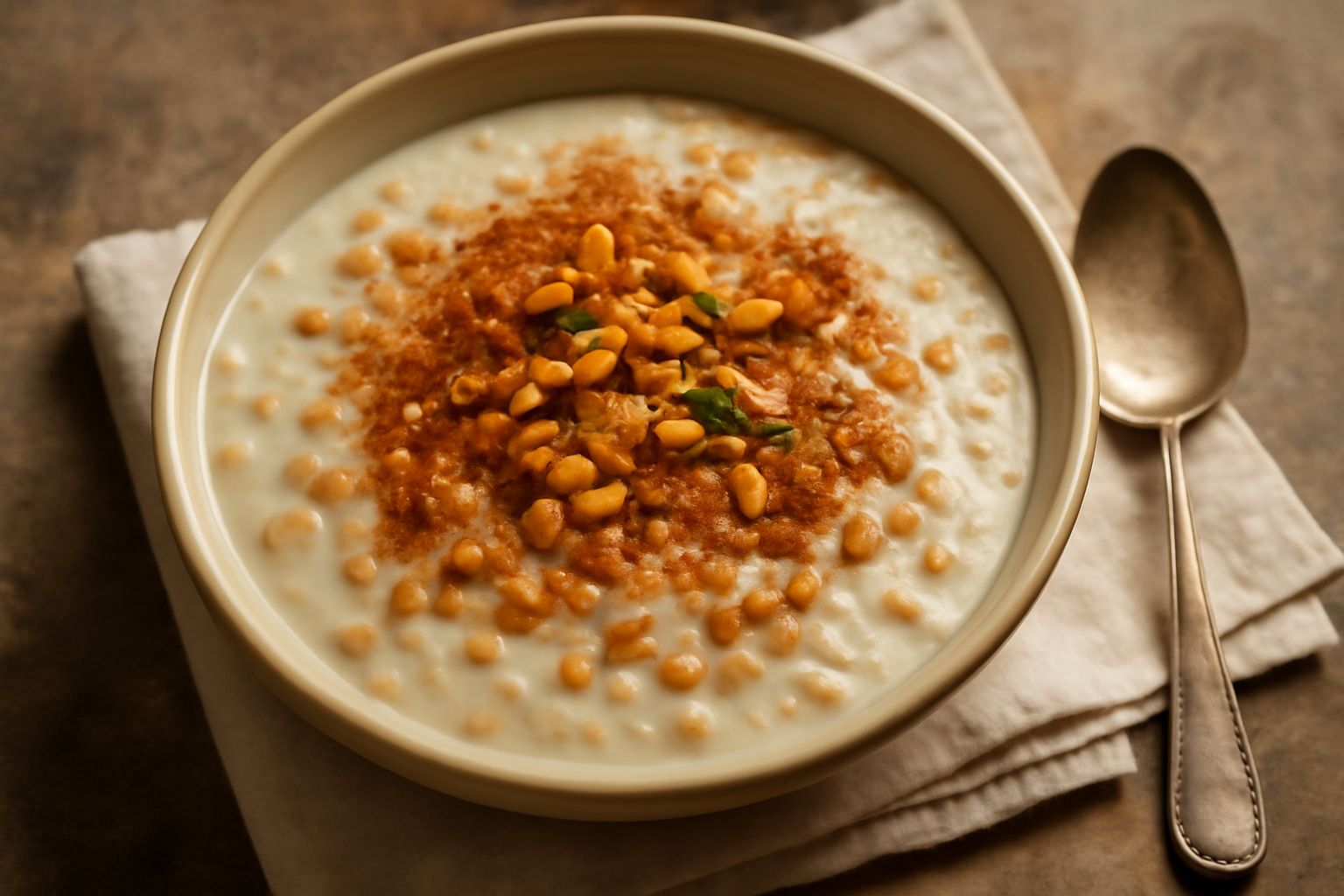 Cuccìa di grano in una ciotola di ceramica bianca, cremosa e densa, colore beige chiaro, granelli di grano visibili, spolverata di cannella e noci tritate in superficie