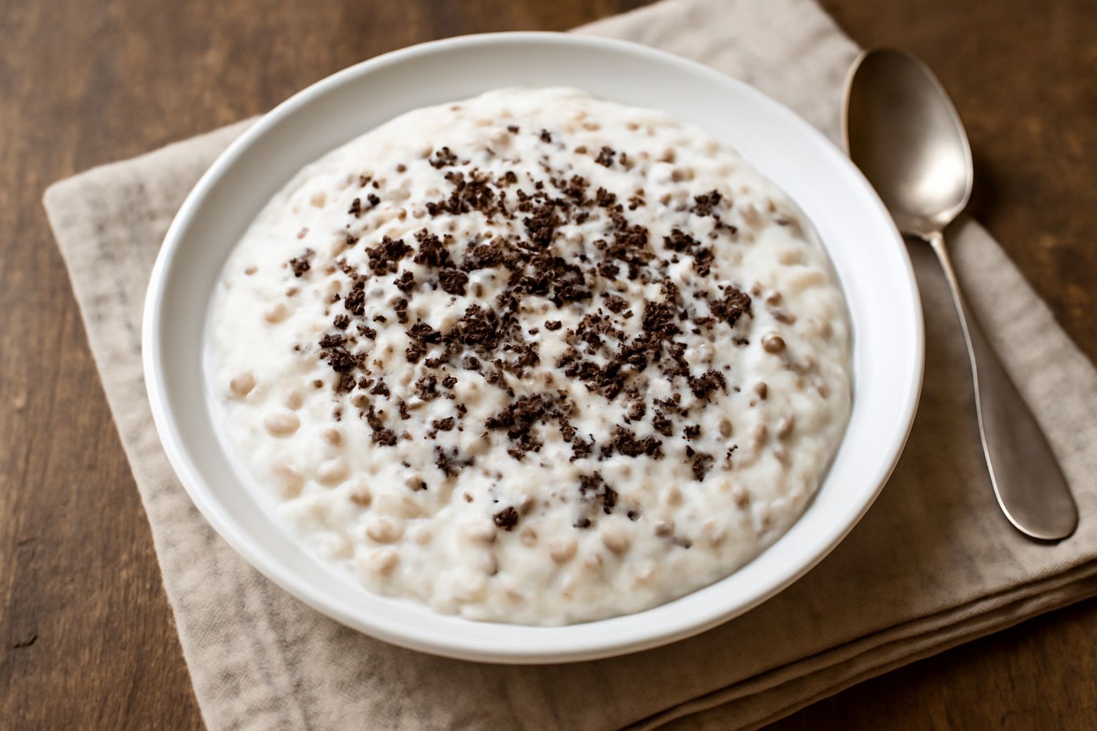 Cuccìa trapanese servita in una ciotola di ceramica bianca, con grani di grano visibili nella massa cremosa bianca, pezzi di cioccolato scuro sparse in superficie e un cucchiaio di legno appoggiato su