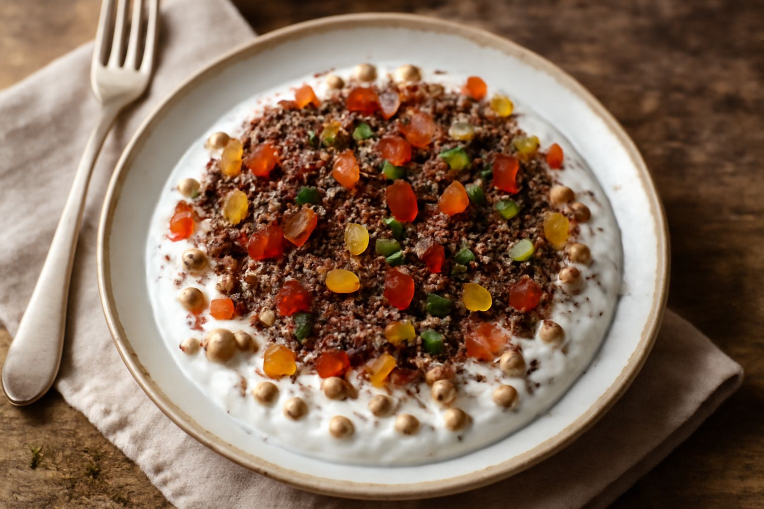 Cuccia palermitana servita in un piatto bianco: grani di grano turgidi immersi in crema di ricotta bianca, decorata con scaglie di cioccolato, canditi rossi e gialli, e pistacchio tritato verde