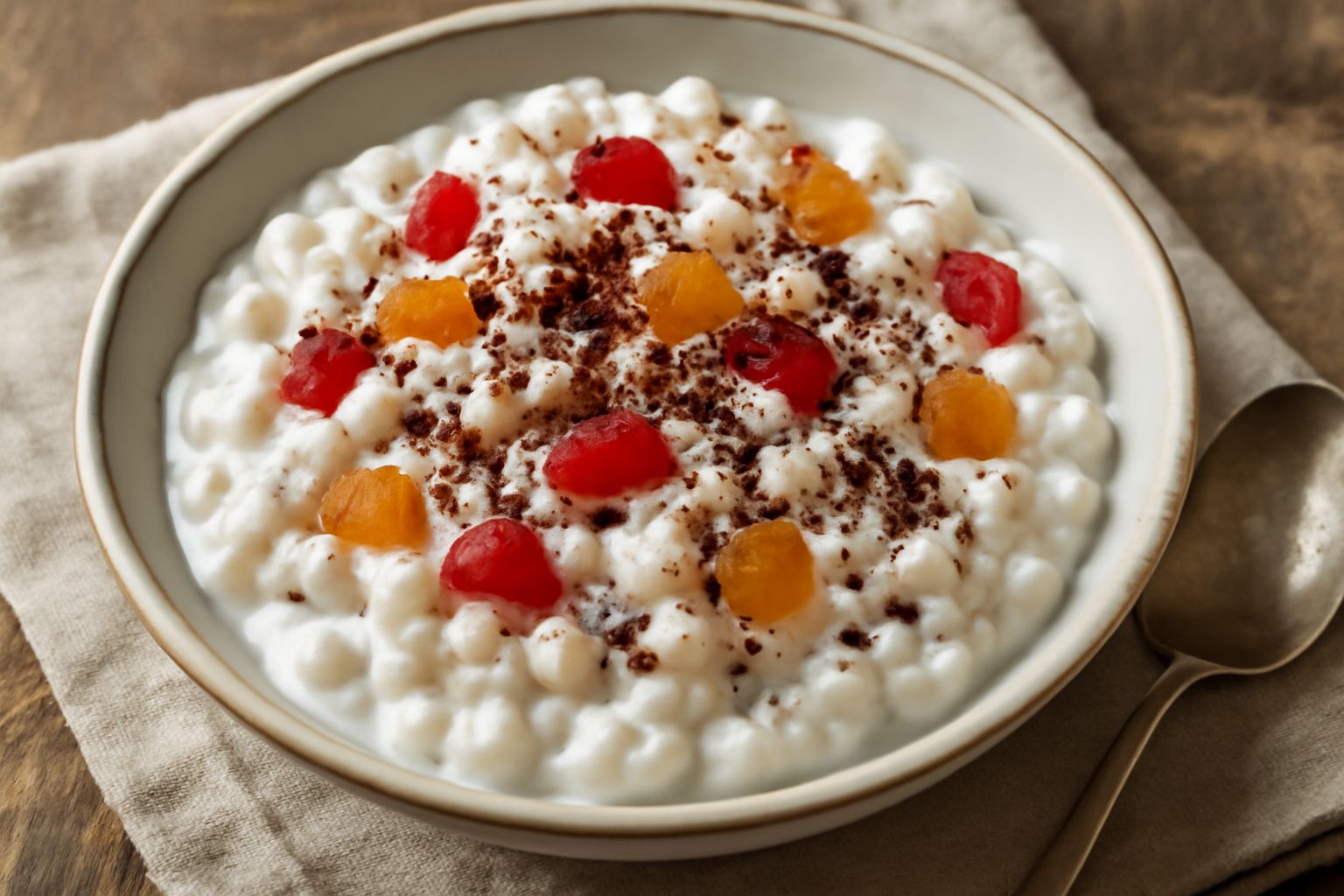 «Cuccìa» siciliana in ciotola di vetro: grano bianco e tondo circondato da ricotta bianca cremosa, frutta candita gialla e rossa, spolverata di cioccolato grattugiato scuro