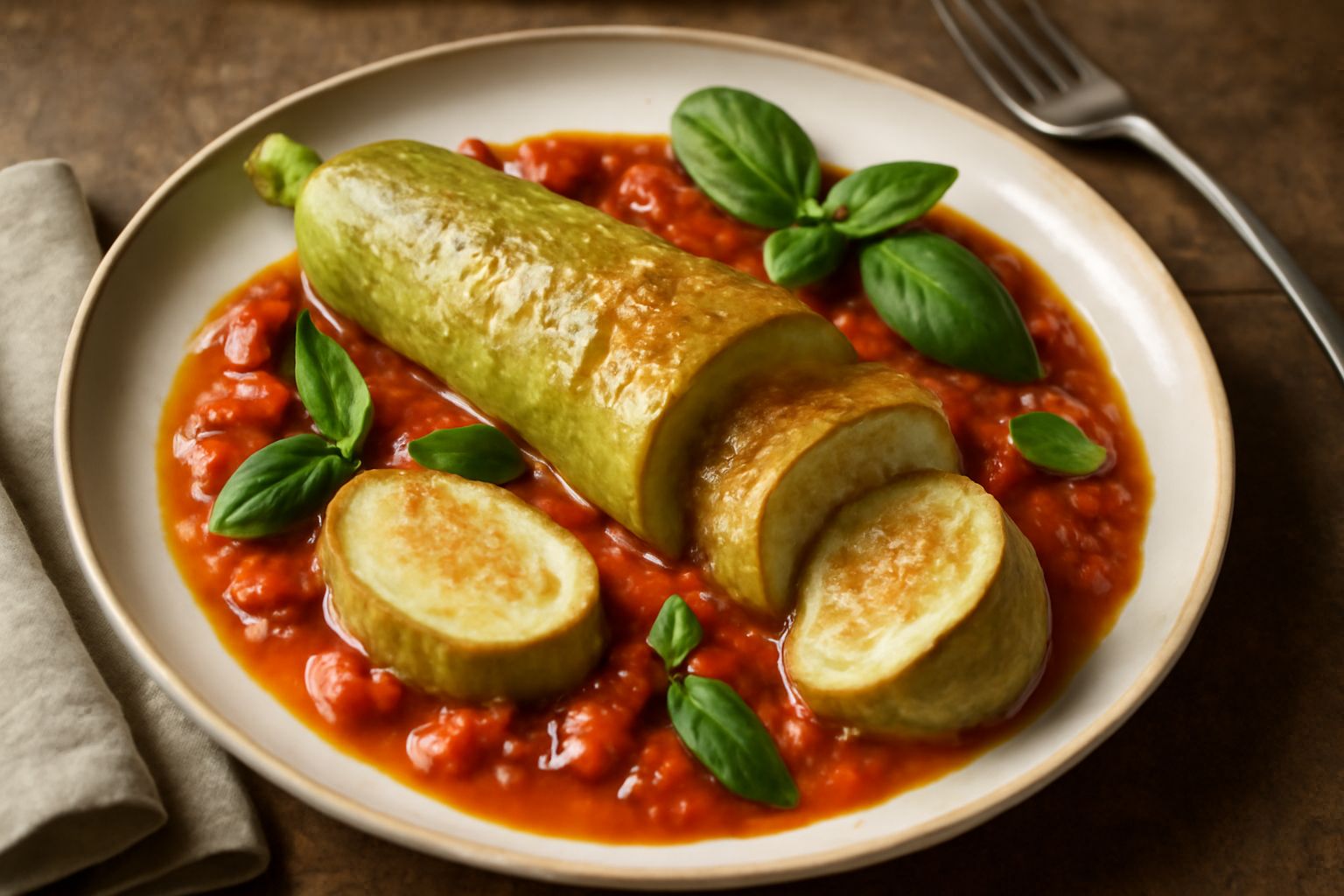 Cucuzza ripiena tagliata a fette, dorata in padella, condita con pomodoro fresco rosso e basilico verde, servita in un piatto bianco con contorno di verdure crude