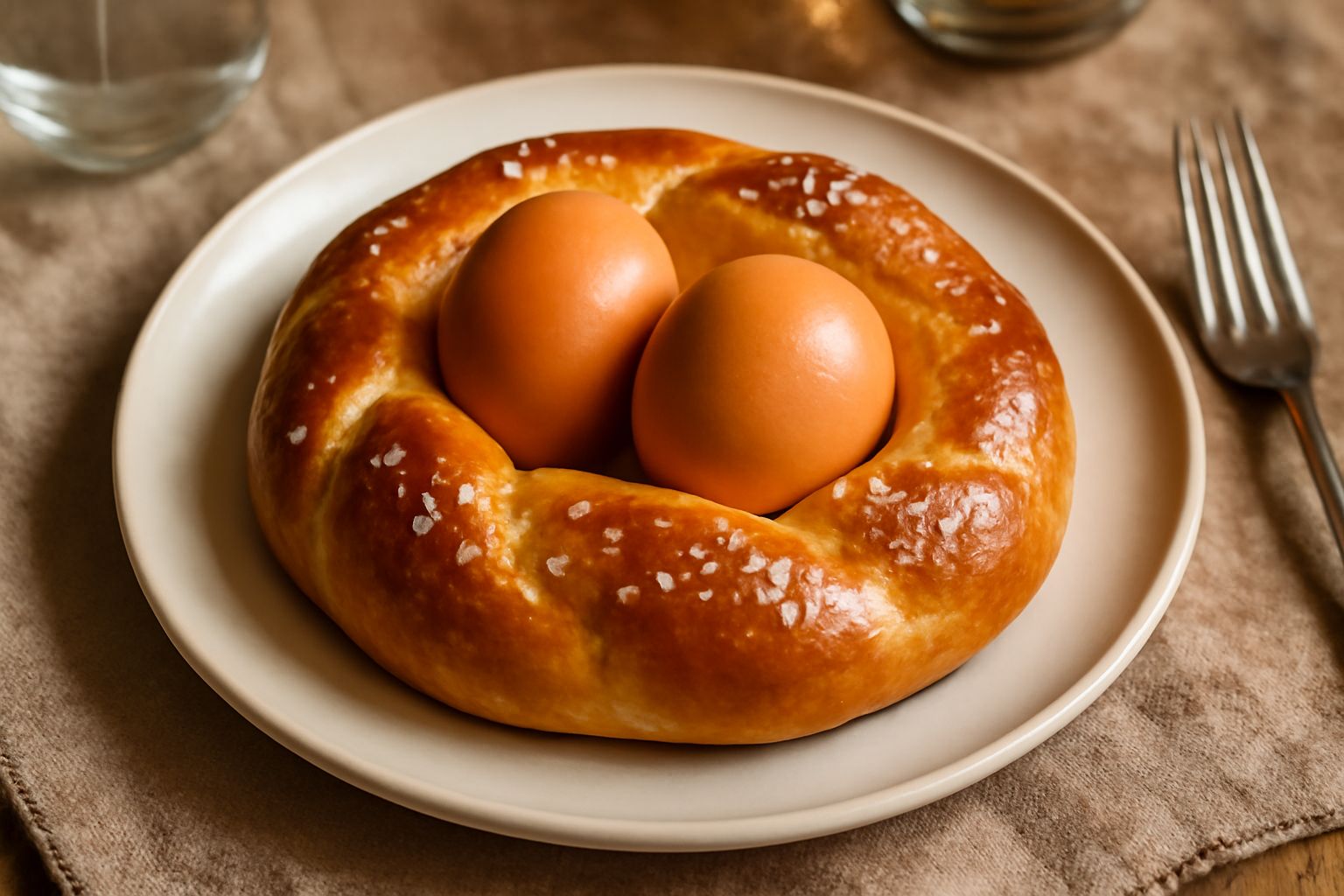 Cuddura di Pasqua dorata e lucida su piatto bianco, con due uova sode intere visibili nel centro della forma tonda, contornata da uova dipinte decorative e fiori di primavera