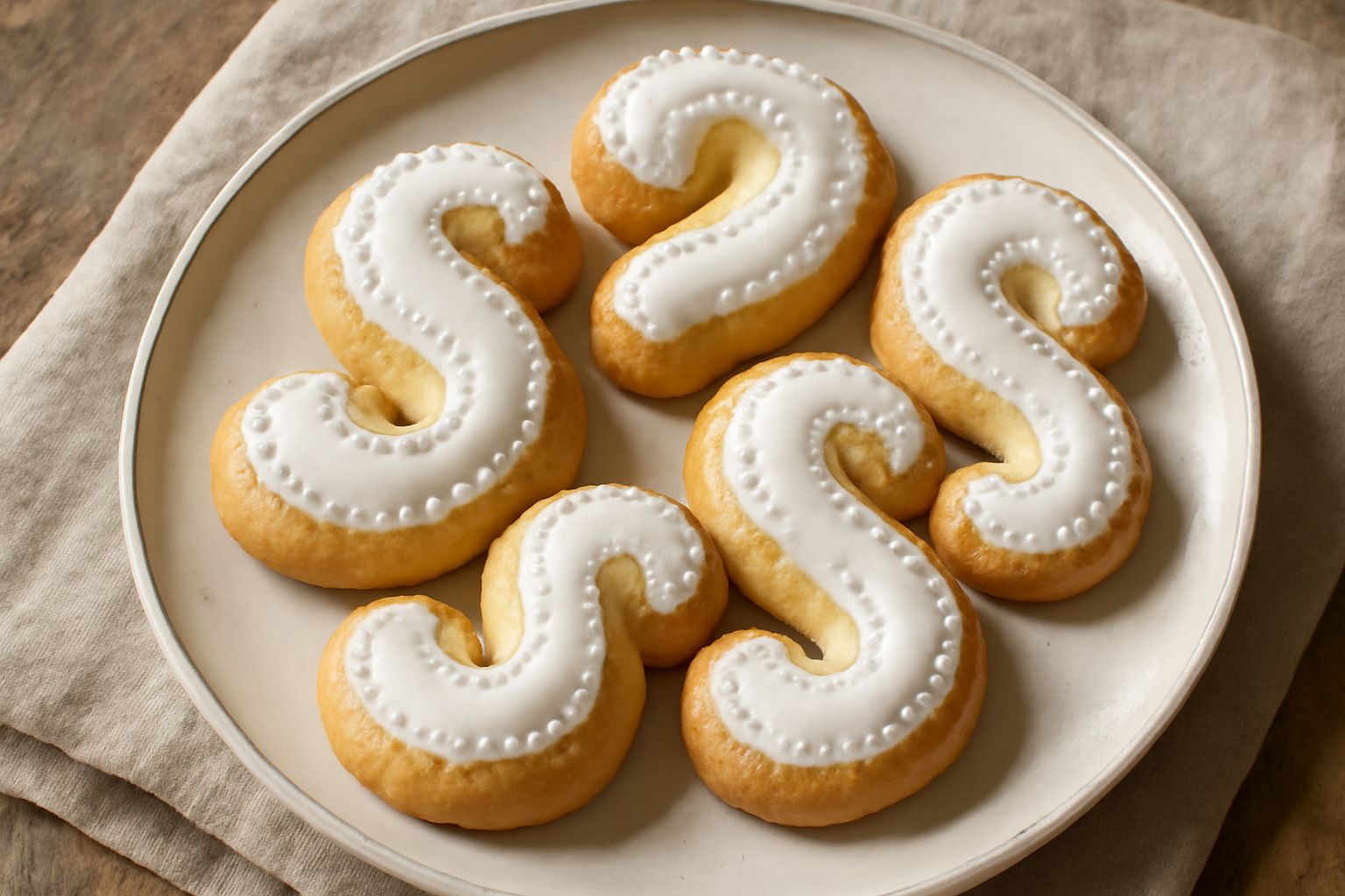 Cudduraci siciliani disposti su un piatto bianco, biscotti decorati con glassa reale bianca a forma di S, con dettagli in rilievo visibili sulla superficie, sfondo neutro
