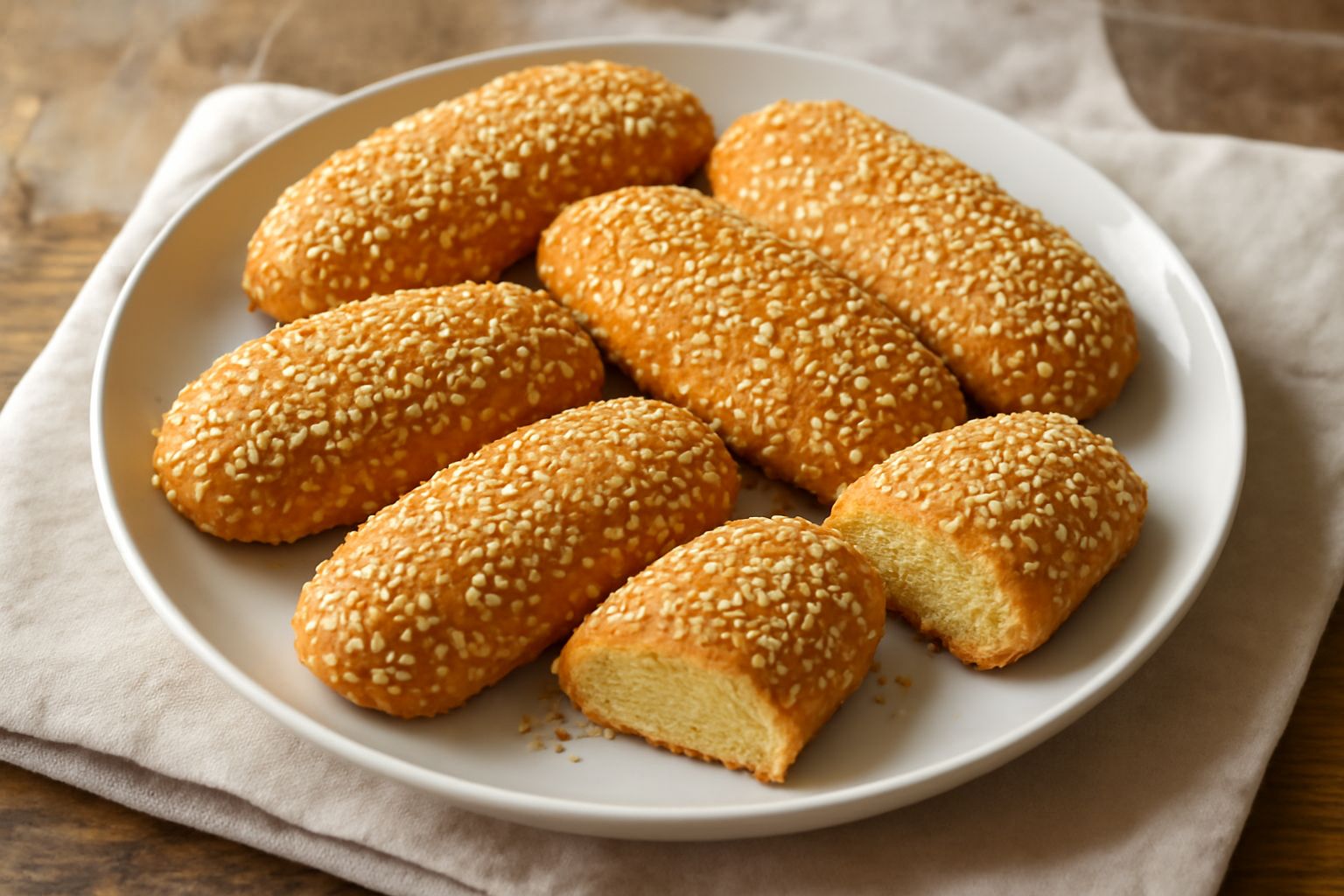 Cuddure di semola dorate e croccanti, di forma ovale e allungata, cosparse di semi di sesamo bianco, disposte su un piatto di ceramica beige con una tazza di caffè sfumata sullo sfondo