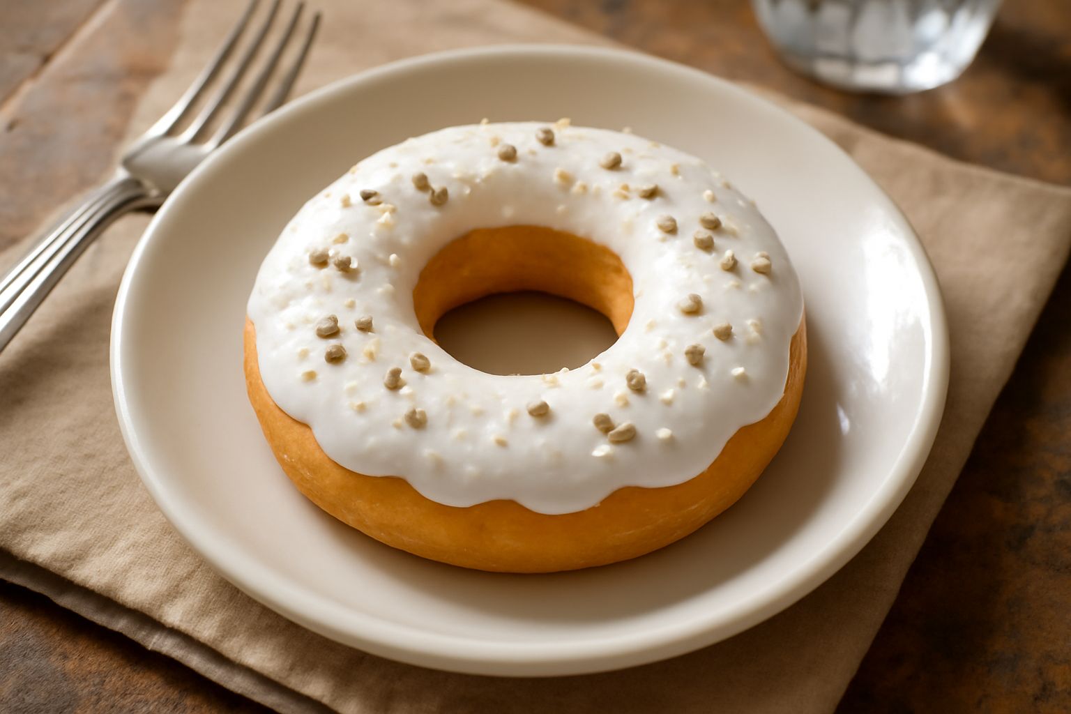 Cudduruna glassata bianca a forma di anello su piatto bianco, lucida e con bordi leggermente dorati, accanto a una tazza di caffè
