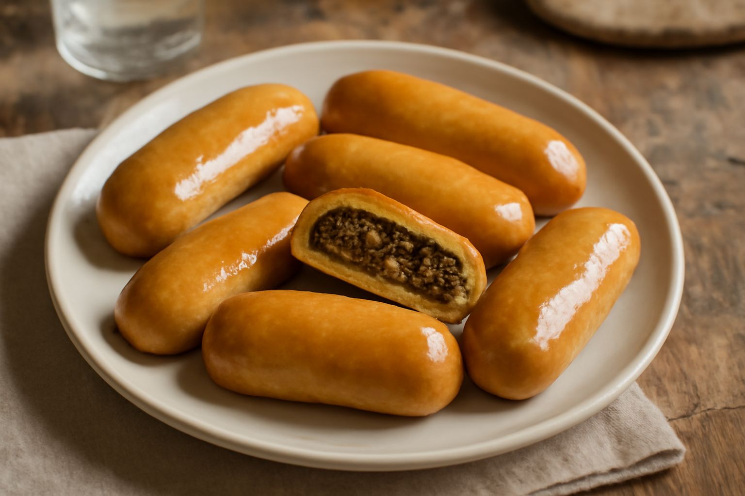 Cudduruni siciliani disposti su un piatto bianco, con glassa dorata che luccica, ripieno di fichi e noci visibile dalla sezione rotta, accanto a una tazza di caffè scuro